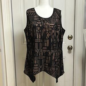 Lane Bryant top 22/24 Tank, geometric black lace over light brown inner blouse